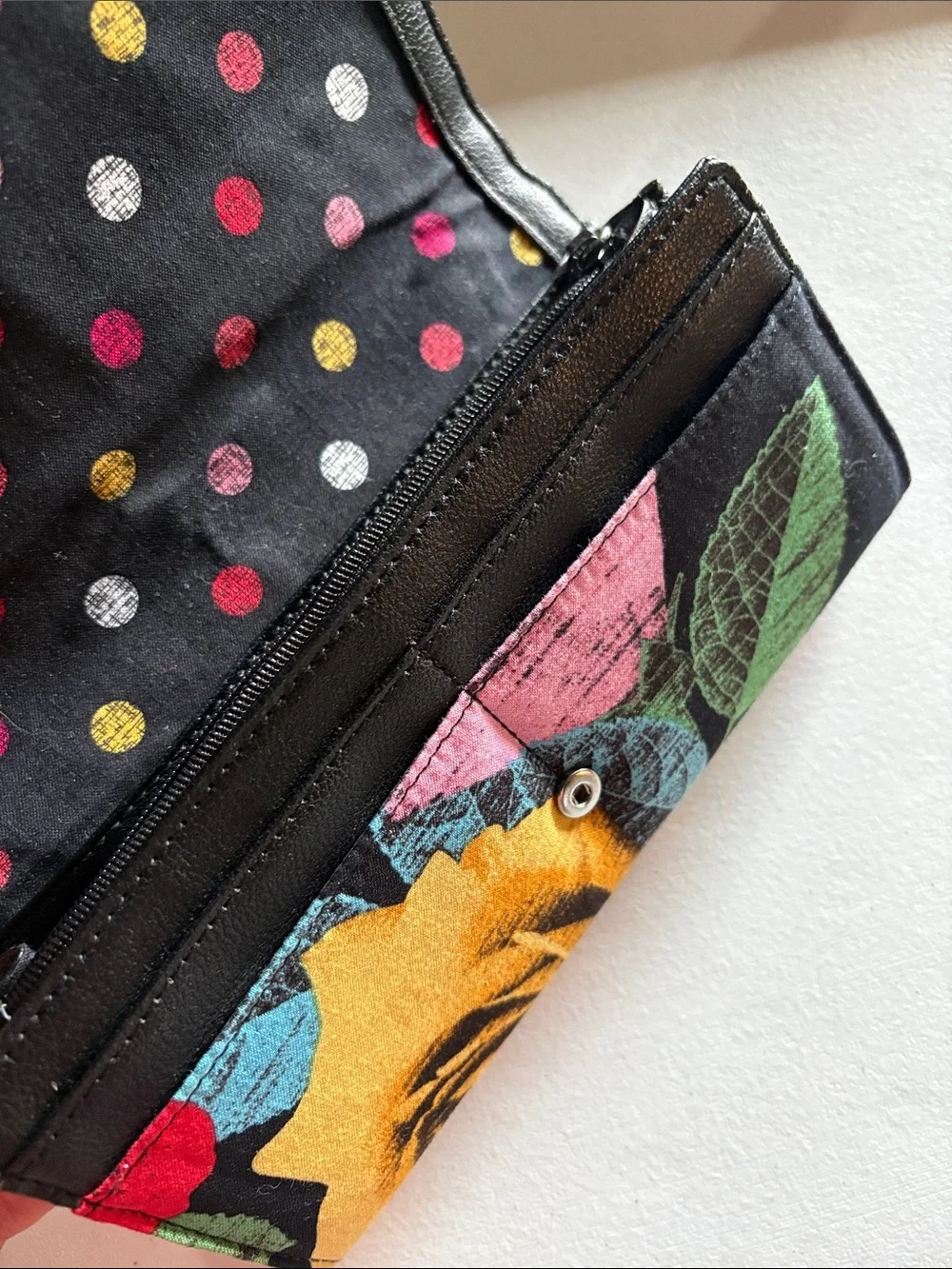 Vera Bradley Black Wallet with Multicolor Floral and Polka Dots